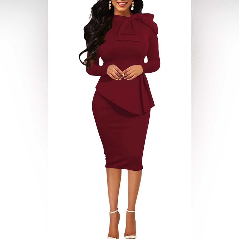 Color of the season alert Peplum Bodycon Bow Ruffle Pencil Party Dress